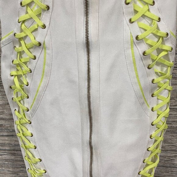 🔥🔥Gold Label Wow Couture Mini Bodycon Dress Neon Yellow Lace-Up Details Size M - Picture 7 of 14